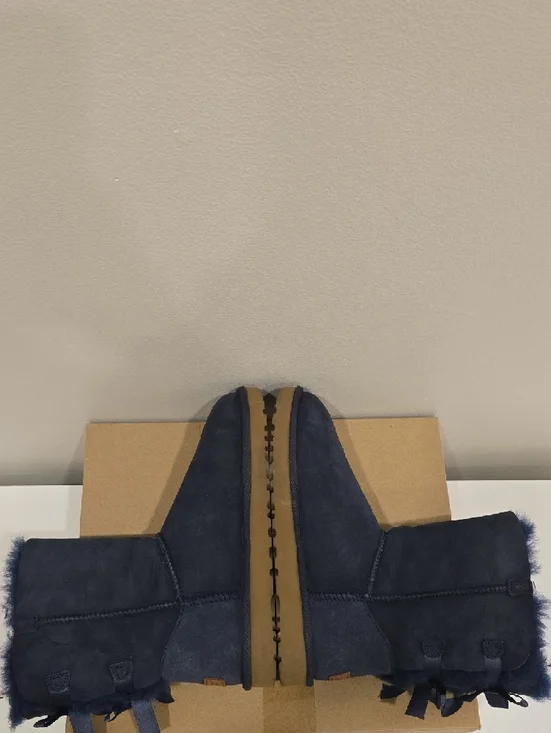UGG Navy Short Suede Boots with Shearling Trim, 2x Bows On Each Boot - Picture 5 of 14